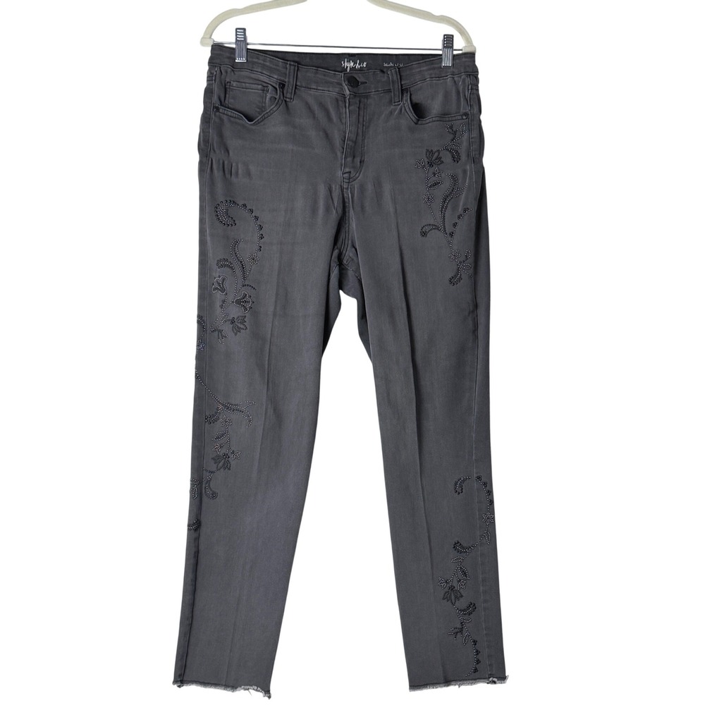 Style & Co Slim Leg Jeans Womens 12 Grey Beaded‎ Floral Embroidered Frayed Hem